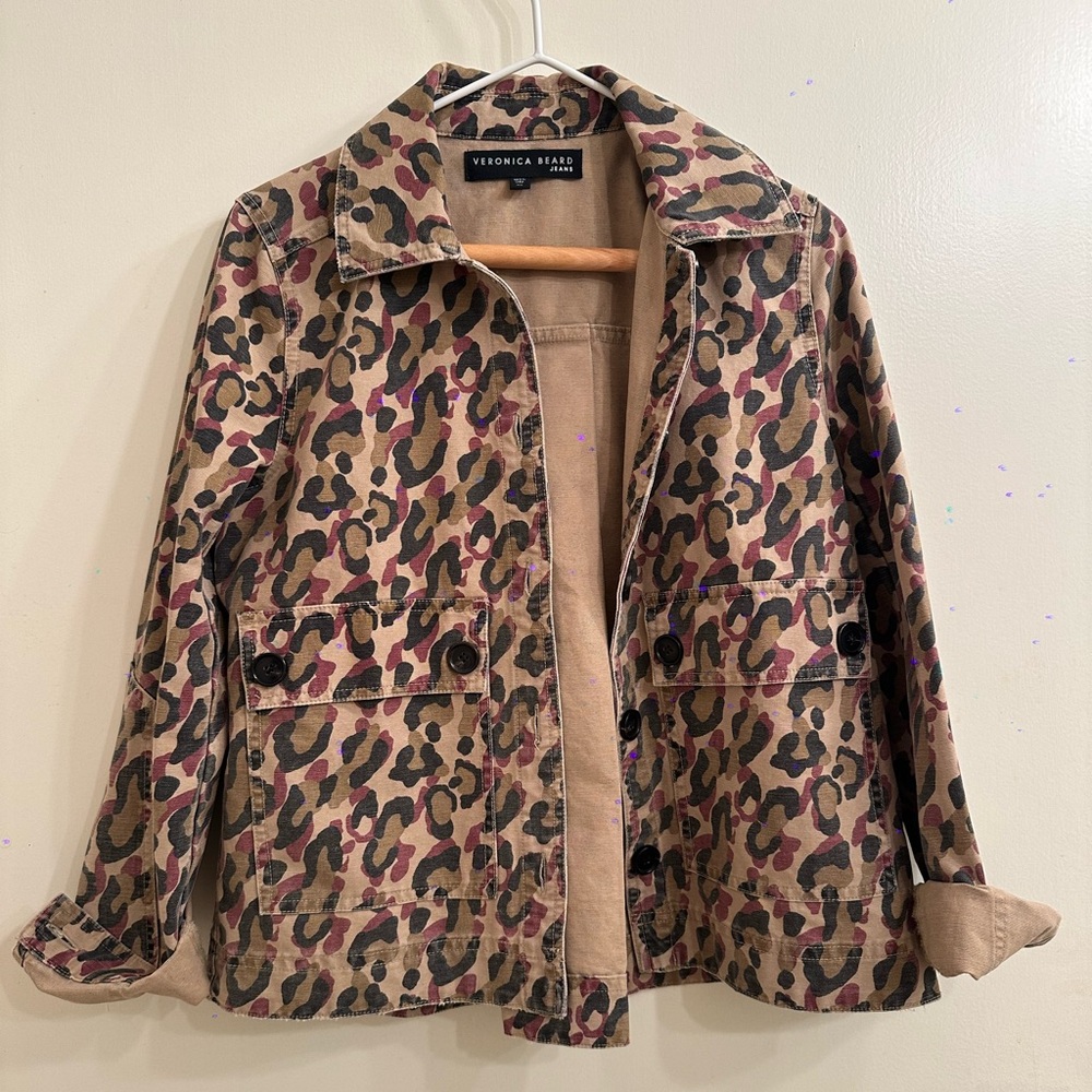 Veronica Beard Mercer Leopard Print Denim Military Inspired Jacket